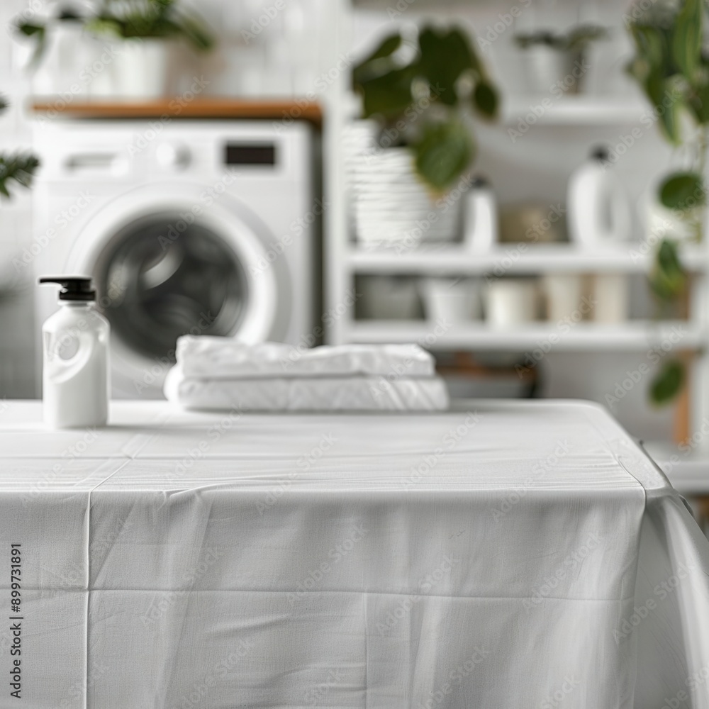 Detailed closeup of a white table with a clean white tablecloth in a laundry room, blurred background, soft lighting, interior mockup with ample copy space, neat and minimalist Detailed closeup of a white table with a clean white tablecloth in a laundry room, blurred background, soft lighting, interior mockup with ample copy space, neat and minimalist