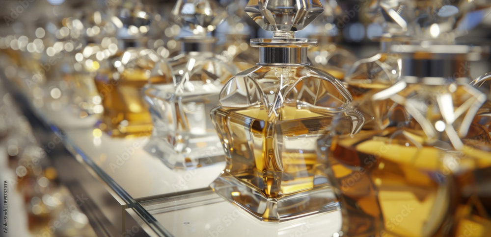 A row of perfume bottles on a shelf, with some of them being clear A row of perfume bottles on a shelf, with some of them being clear