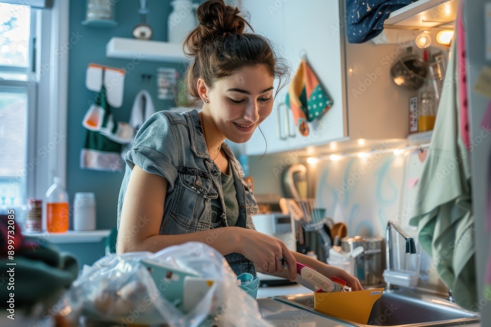 Young Student Organizing Kitchen Supplies in Dormitory Kitchenette with Concentration and Enthusiasm Young Student Organizing Kitchen Supplies in Dormitory Kitchenette with Concentration and Enthusiasm