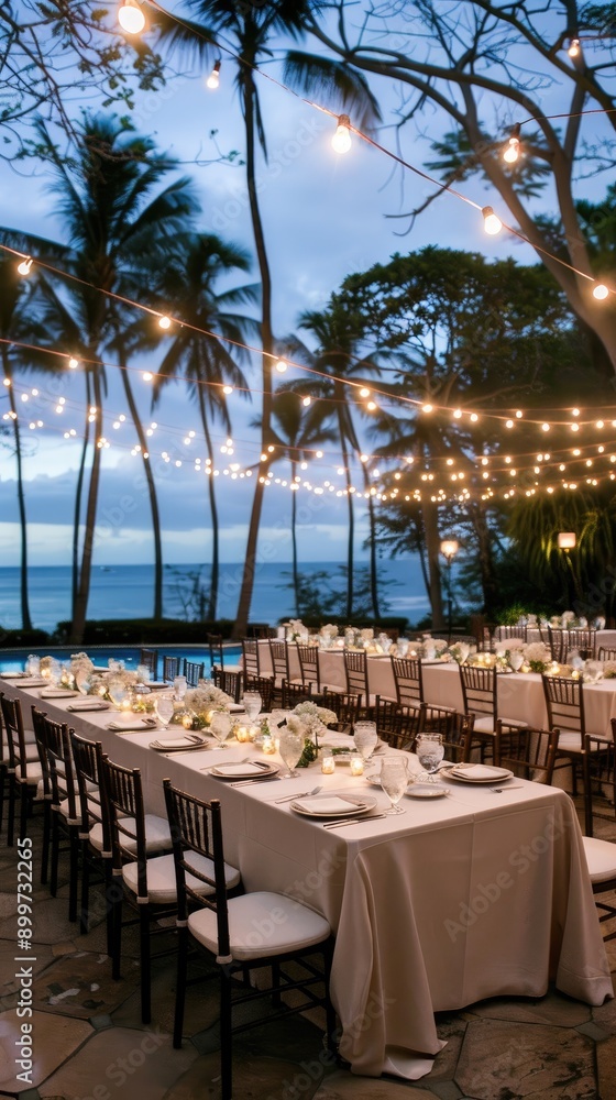 Obraz premium A beautifully set long table adorned with flowers overlooks the water, illuminated by string lights as the sun sets in the background