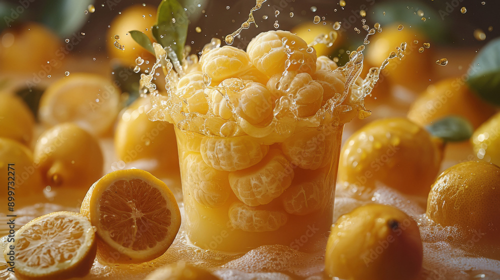 fruit floating on yellow fruit juice fruit floating on yellow fruit juice
