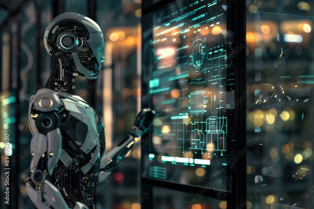 Fototapeta premium Close-up of AI robot learning from data, showcasing machine learning and artificial intelligence