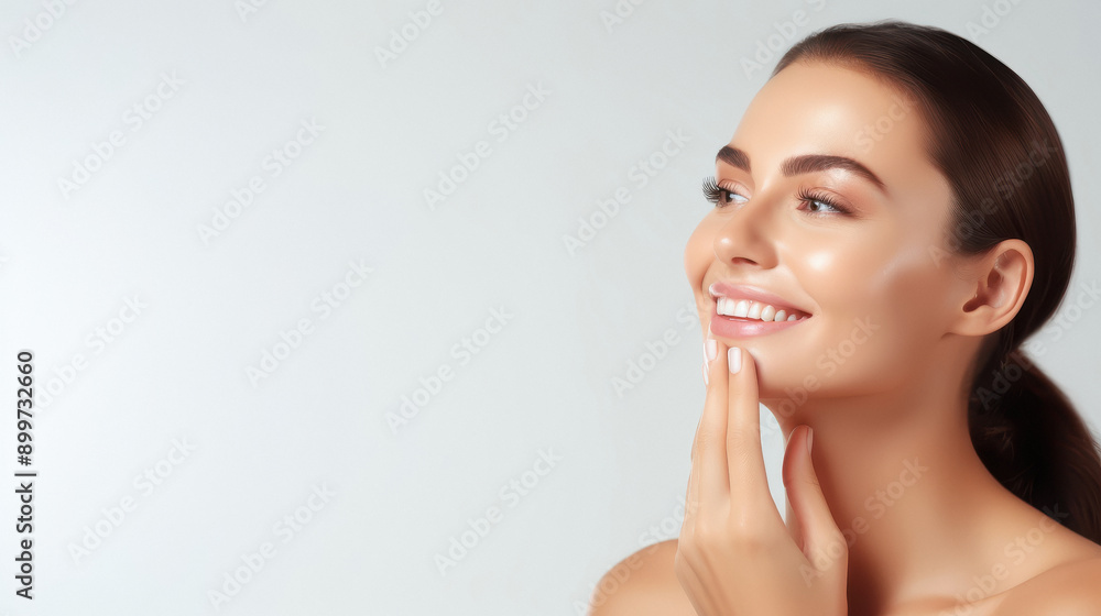 Woman smiling while touching her flawless glory skin Woman smiling while touching her flawless glory skin