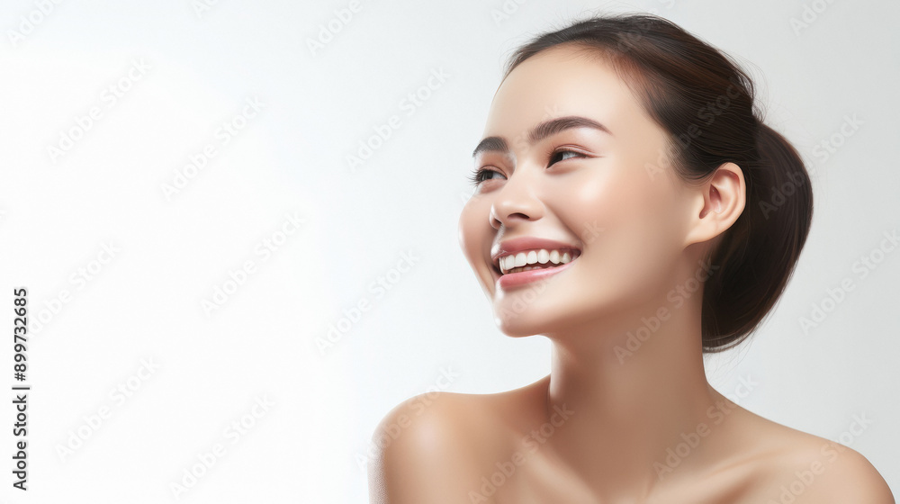 Woman smiling while touching her flawless glory skin Woman smiling while touching her flawless glory skin