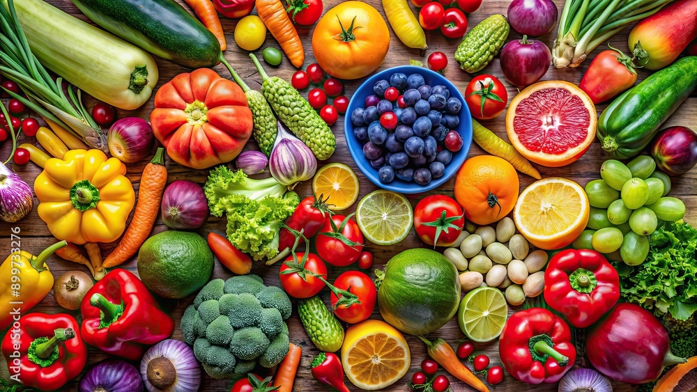 Fototapeta premium Vibrant stock photo showcasing the importance of a balanced diet with colorful fresh fruit and vegetables
