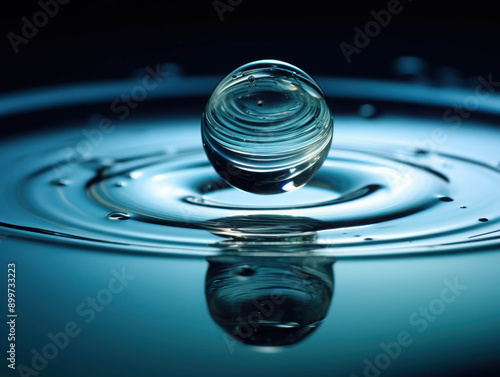 Crystal Clear Water Droplet Capturing the Fiery Glow of Sunset Reflected on a Tranquil Surface photo