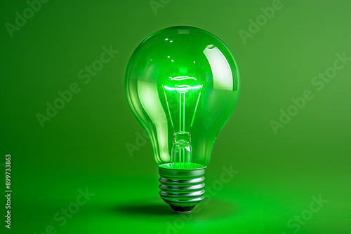 Llight bulb glowing with green light on green background, copy space