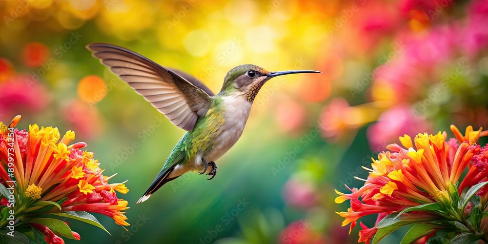 Naklejka premium Hummingbird hovering near vibrant tropical flowers, hummingbird, tropical, flowers, colorful, bird, nature, wildlife