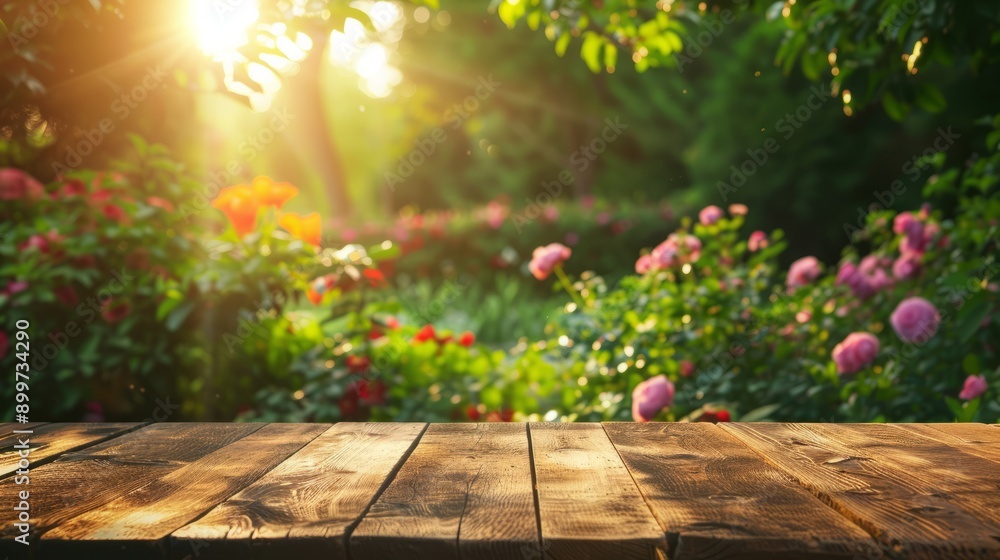 Wooden table and blurred green nature garden background Wooden table and blurred green nature garden background
