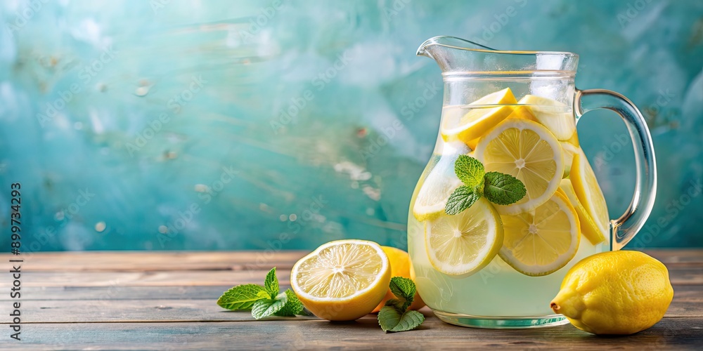 Icy pitcher of refreshing lemonade with fresh lemon slices , summer, drink, cold, chill, citrus, beverage, pitcher, glass, cool Icy pitcher of refreshing lemonade with fresh lemon slices , summer, drink, cold, chill, citrus, beverage, pitcher, glass, cool