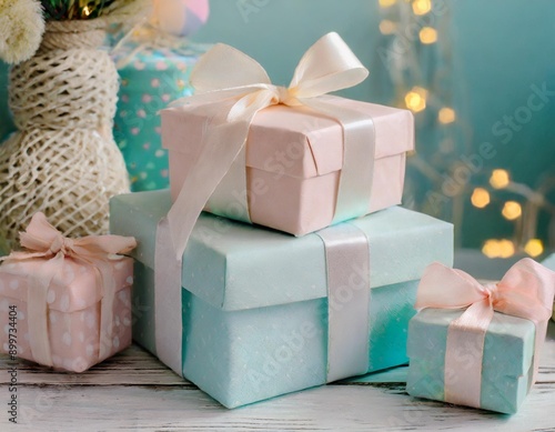 Gift boxes in pastel colors. Christmas, birthday, wedding, gift shop idea photo