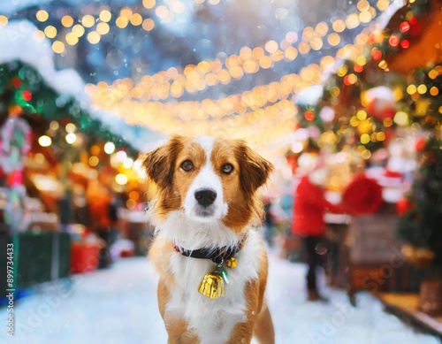 Lonely dog standing and looking to vibrant Christmas market. Winter season with the frosty cold weather