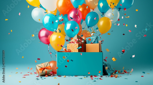 Colorful birthday gift and balloons with blue background photo