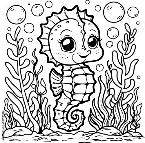 Sea horse Coloring page for kids. Sea Horse black and white. Coloring book or Coloring page for kids.