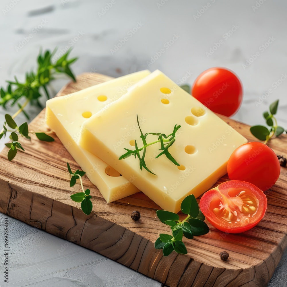 aesthetic slices of cheese with herbs and tomatoes on a wooden board aesthetic slices of cheese with herbs and tomatoes on a wooden board