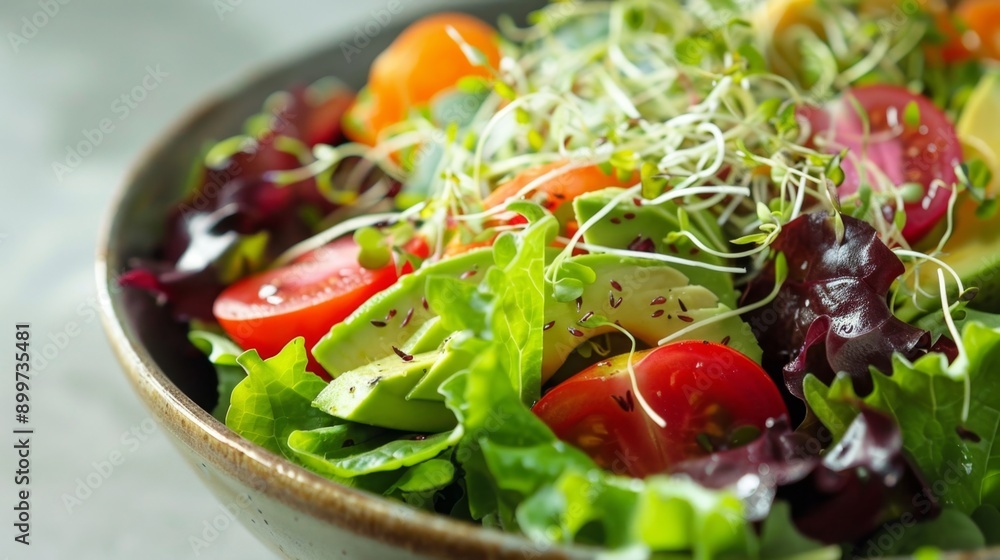 A mixed green salad with fresh avocado, cherry tomatoes, sprouts, and a variety of leafy greens. A mixed green salad with fresh avocado, cherry tomatoes, sprouts, and a variety of leafy greens.