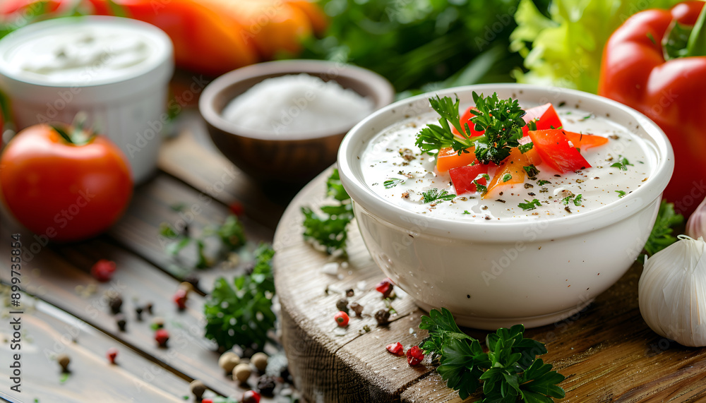 Ranch sauce in a white porcelain bowl with vegetables, herbs and spices on an old wooden table Ranch sauce in a white porcelain bowl with vegetables, herbs and spices on an old wooden table