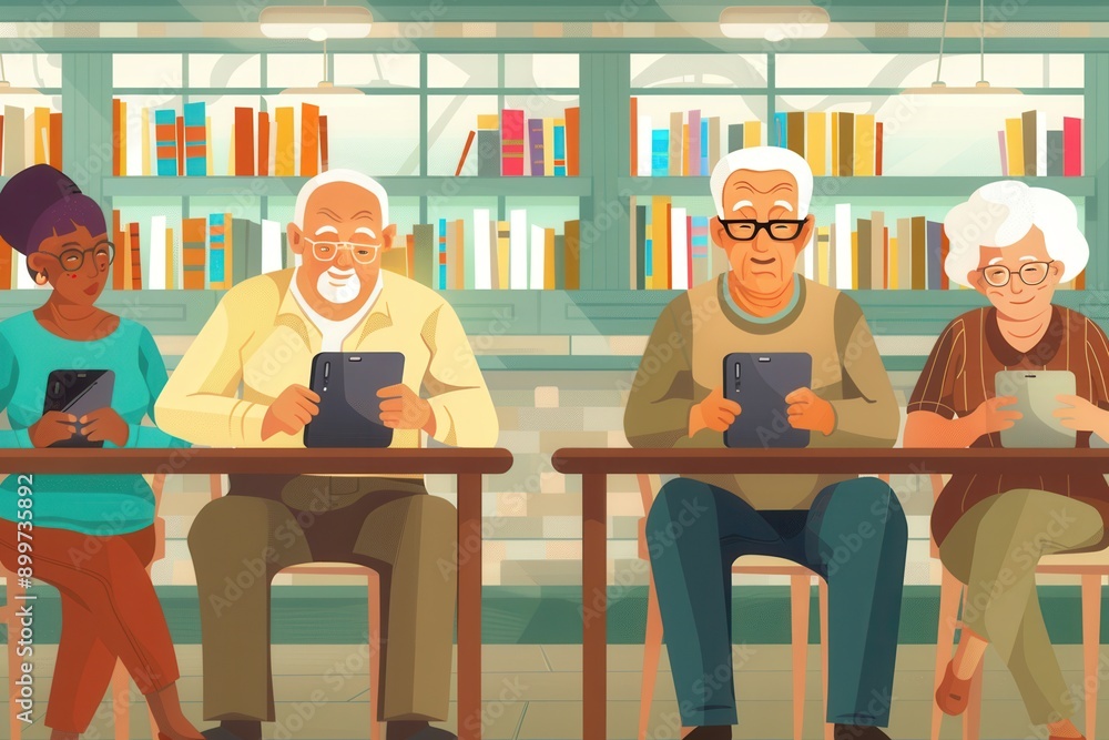 A group of elderly people attentively participates in a digital literacy class, using tablets and learning together in a cozy library environment. Generative AI A group of elderly people attentively participates in a digital literacy class, using tablets and learning together in a cozy library environment. Generative AI