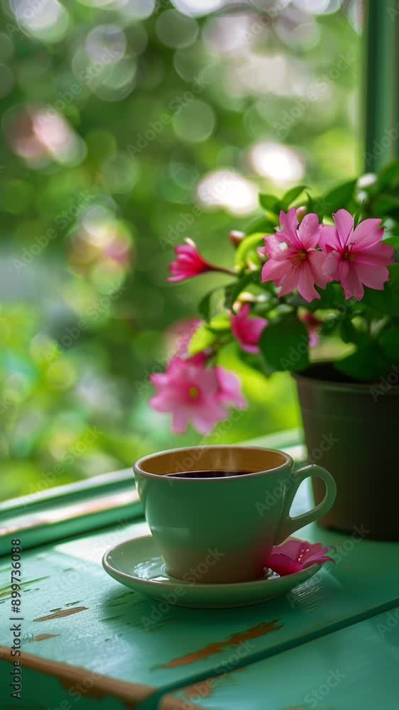 A cup of coffee sits on a windowsill, overlooking a lush green garden. A pot of pink flowers adds a vibrant touch to the scene, creating a tranquil and inviting atmosphere A cup of coffee sits on a windowsill, overlooking a lush green garden. A pot of pink flowers adds a vibrant touch to the scene, creating a tranquil and inviting atmosphere