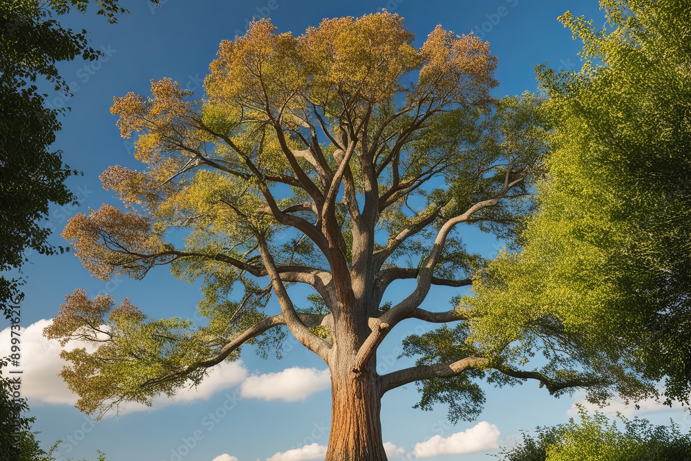 Obraz premium Majestic tree in vibrant, lush setting with sprawling branches, intricate roots, and a warm sky, exuding ancient wisdom