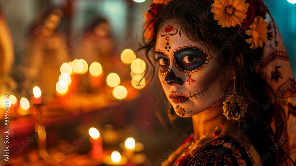 Mexican woman with day of the dead makeup, flowers, skull and lit candles, Mexican holiday Mexican woman with day of the dead makeup, flowers, skull and lit candles, Mexican holiday