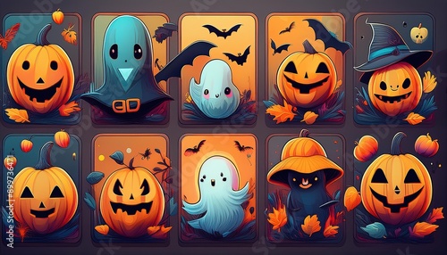 Happy Halloween. Set of cute Vector flat cartoon cards with bats, pumpkins, ghosts,