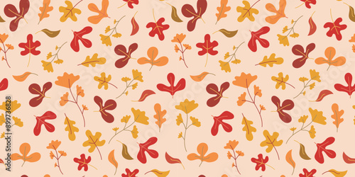 Pattern of autumn leaves and flowers. Seamless vector background. Nature, autumn season. Drawings of autumn leaves. Vector illustration, doodles. Flat repeating background for wallpaper, packaging