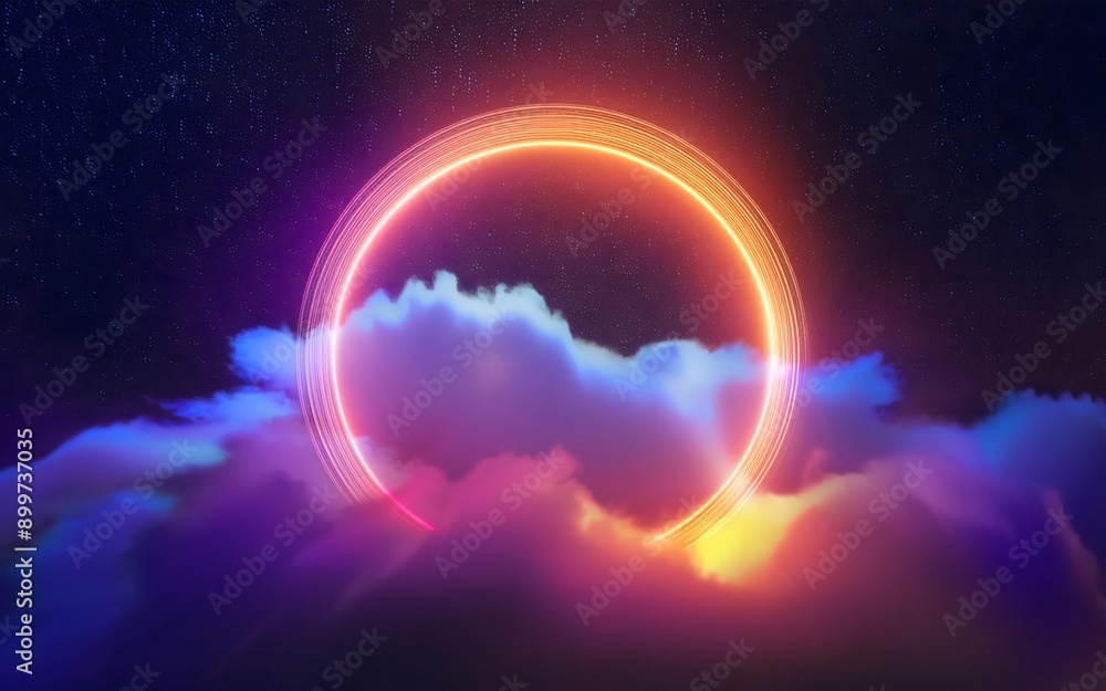 Light ring shining through fluffy clouds in the sky, AI Light ring shining through fluffy clouds in the sky, AI