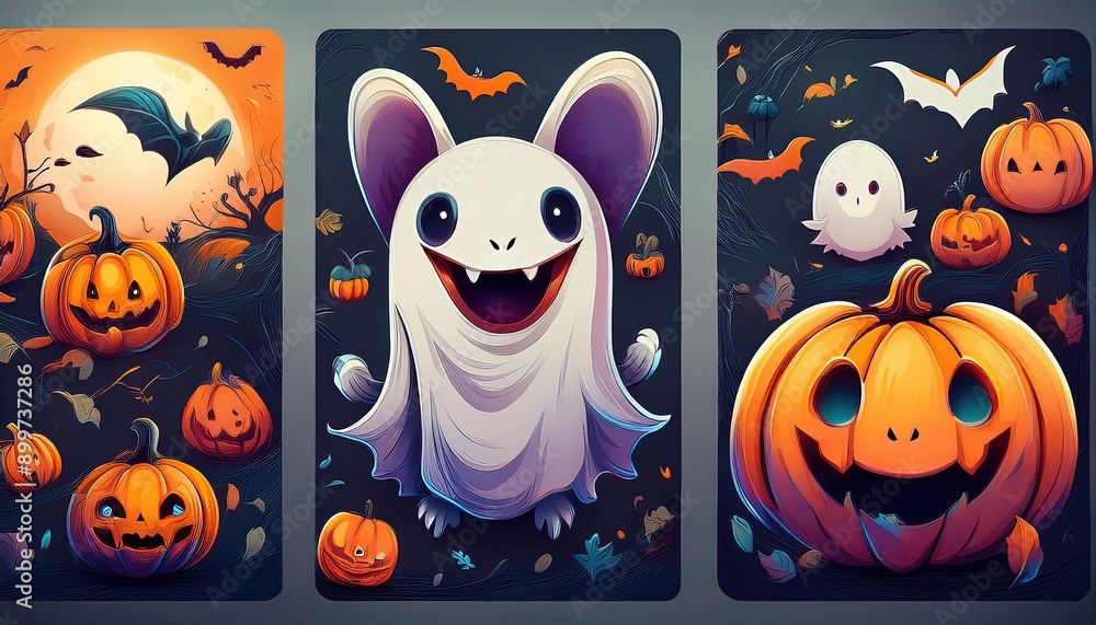 Happy Halloween. Set of cute Vector flat cartoon cards with bats, pumpkins, ghosts, Happy Halloween. Set of cute Vector flat cartoon cards with bats, pumpkins, ghosts,
