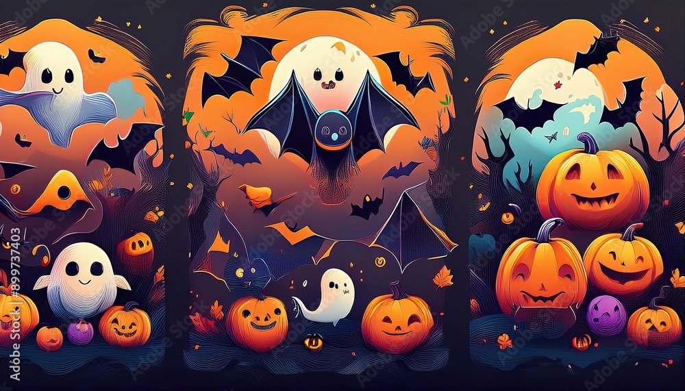 Happy Halloween. Set of cute Vector flat cartoon cards with bats, pumpkins, ghosts, Happy Halloween. Set of cute Vector flat cartoon cards with bats, pumpkins, ghosts,