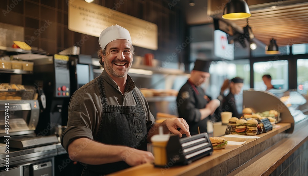 chef with a happy face stands behind the counter and smiles while serving burgers chef with a happy face stands behind the counter and smiles while serving burgers
