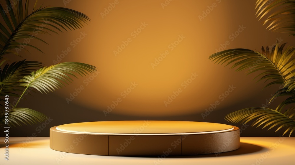 Obraz premium Minimalist Product Display with Palm Leaves and Warm Lighting