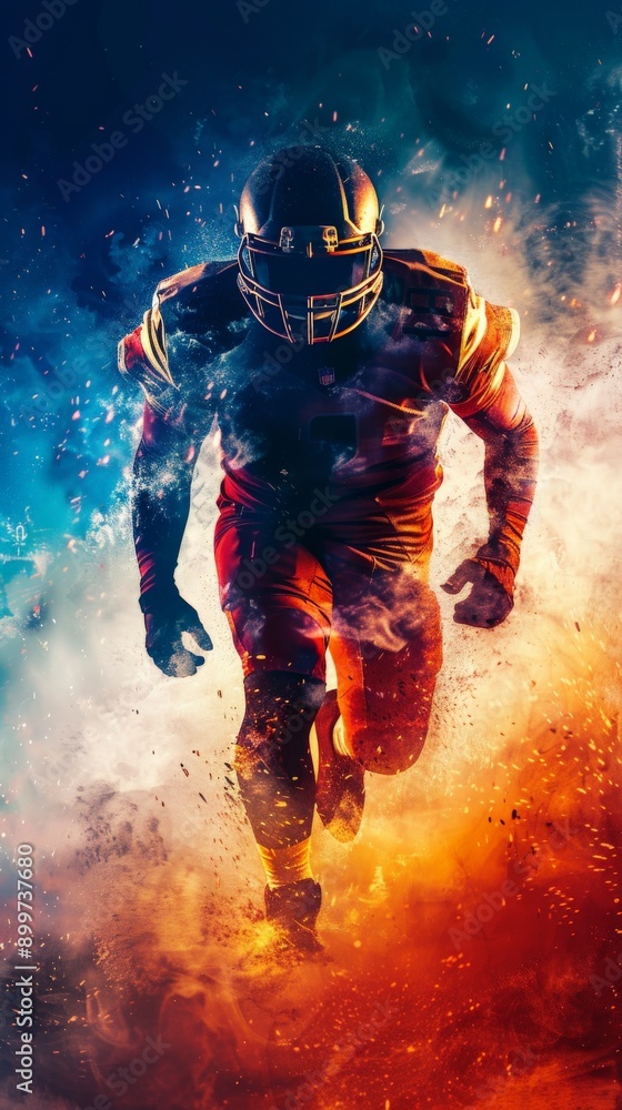 A powerful athlete bursts forward, surrounded by vibrant swirling colors A powerful athlete bursts forward, surrounded by vibrant swirling colors