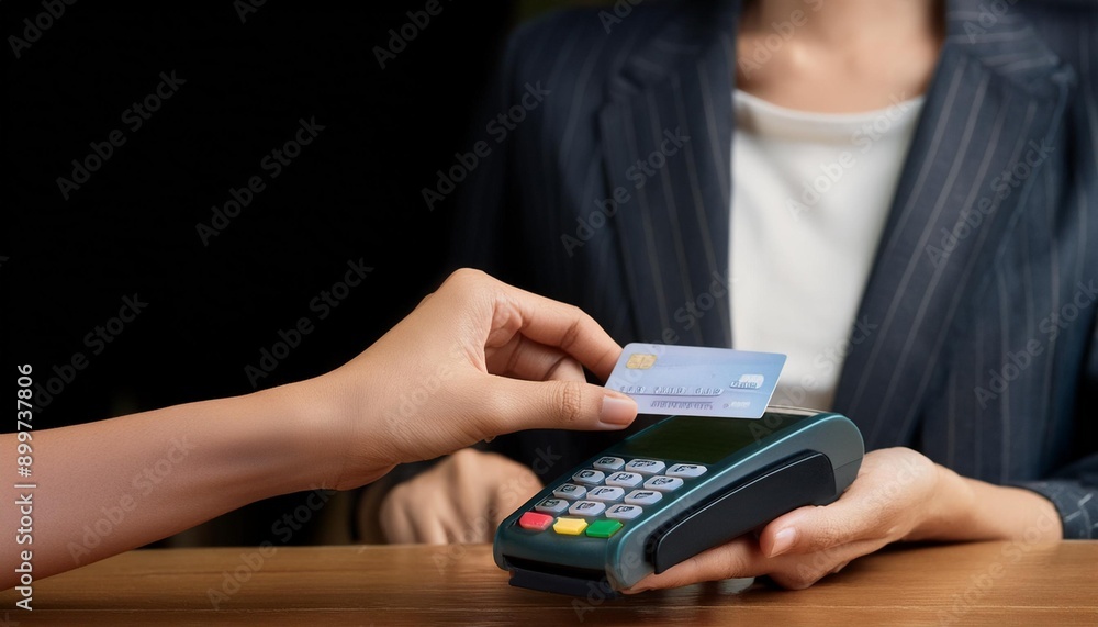 Clerk and guest accepting card for payment Clerk and guest accepting card for payment