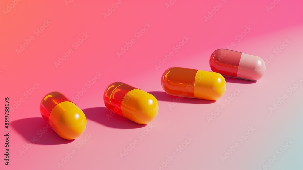 A minimalist image featuring yellow and pink capsules arranged in a line on a gradient background transitioning from pink to blue. This clean and modern composition is perfect for health, wellness A minimalist image featuring yellow and pink capsules arranged in a line on a gradient background transitioning from pink to blue. This clean and modern composition is perfect for health, wellness