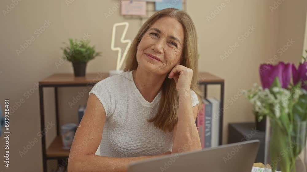 Mature caucasian woman smiling indoors near laptop with plants and books. Mature caucasian woman smiling indoors near laptop with plants and books.