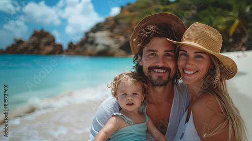 Wallpaper Mural A Happy Family On A Summer Vacation, Enjoying Relaxation By The Beach. Caucasian Mother, Father, With Their Daughter Torontodigital.ca