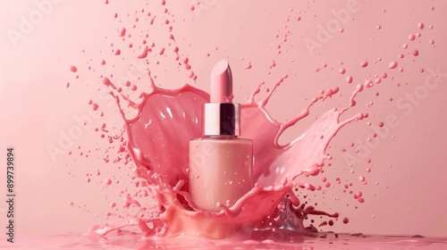 Wallpaper Mural A bottle of liquid foundation flanked by splashes of pink, highlighting the application of beauty products with energetic motion. Torontodigital.ca