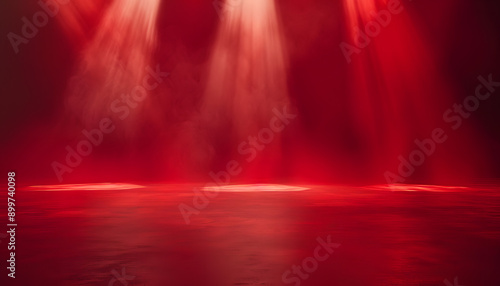 "Red Gradient Background with Red Light Rays, a Stage, and Curtains" © FU