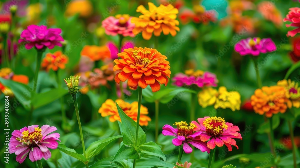 Vibrant Narrowleaf Zinnia or Classic Zinnia blooms in a garden Vibrant Narrowleaf Zinnia or Classic Zinnia blooms in a garden