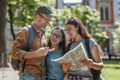 Family Planning College Visit: Parents and Child Reviewing Campus Map Together in Realistic Setting