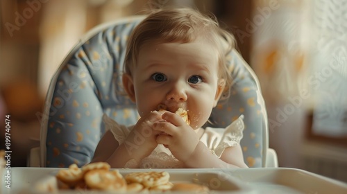 A cute baby sitting in a high chair and eating pieces of pancake with her hands