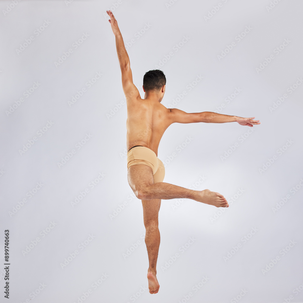Back, man and ballet dancer in studio for practice on white background with training for competition. Male person, passion and talent on rehearsal with confidence for performance with exercise Back, man and ballet dancer in studio for practice on white background with training for competition. Male person, passion and talent on rehearsal with confidence for performance with exercise