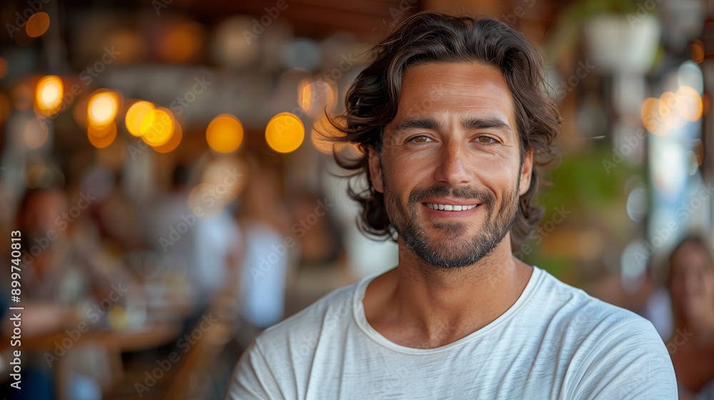 Handsome Young Middle Age Greek Man Taking A Selfie In A Cafe, People And Bokeh Light In Blurred Background, Wearing Casual Attire And Socialising Handsome Young Middle Age Greek Man Taking A Selfie In A Cafe, People And Bokeh Light In Blurred Background, Wearing Casual Attire And Socialising