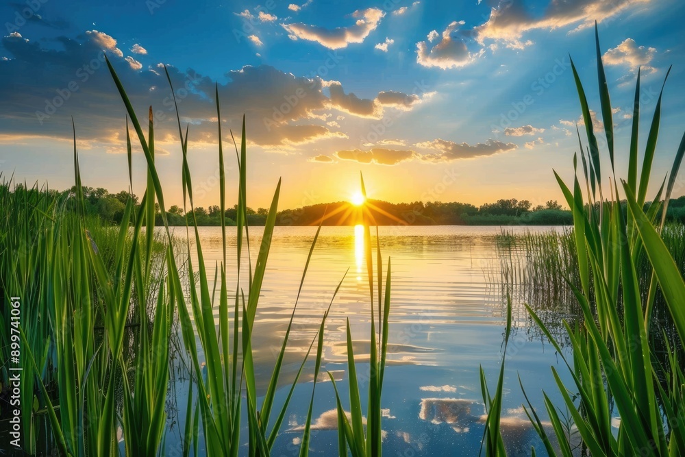 Indiana Landscape. Sunset on Calm Lake with Cattails Silhouettes Indiana Landscape. Sunset on Calm Lake with Cattails Silhouettes
