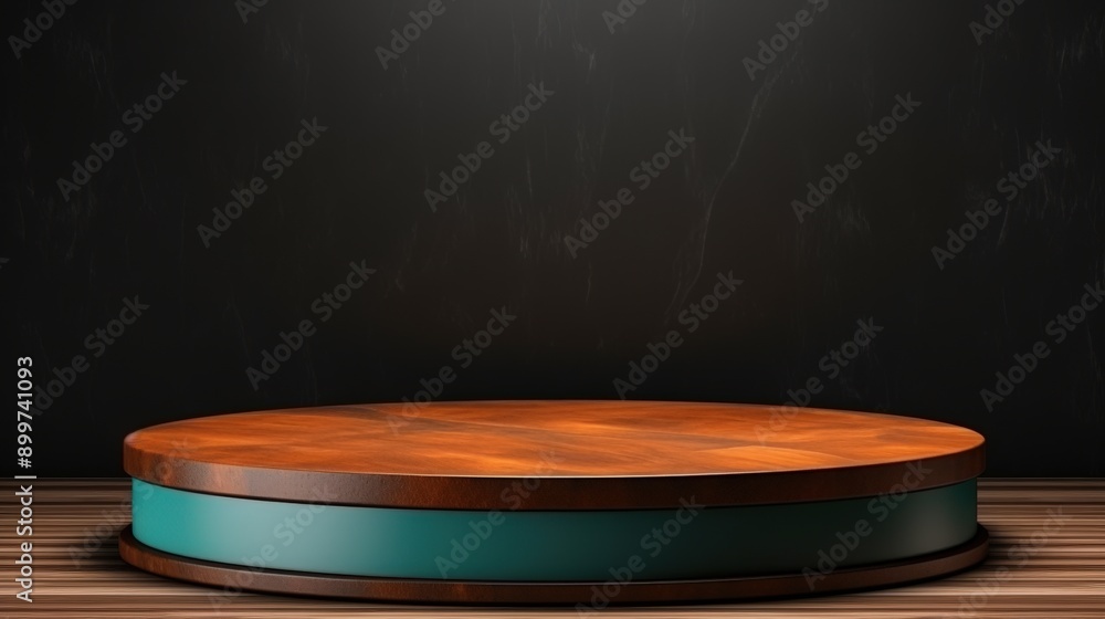 Wooden Platform with Turquoise Trim on a Black Background Wooden Platform with Turquoise Trim on a Black Background