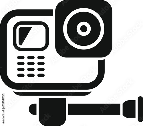 Black action camera is capturing video on a monopod