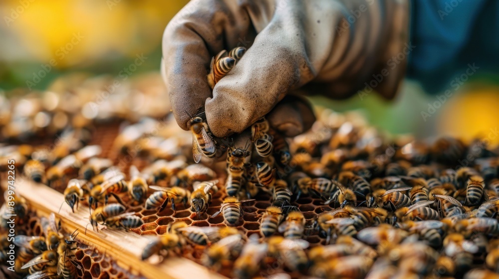 Close-up of a beekeeper handling a hive full of bees. The bees are busy working on the honeycomb. Beekeeping process in a natural environment. Close-up of a beekeeper handling a hive full of bees. The bees are busy working on the honeycomb. Beekeeping process in a natural environment.