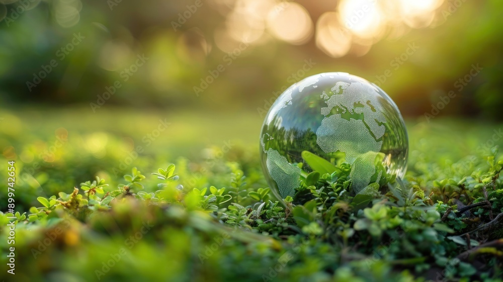 Eco-friendly concept image of glass globe on lush green grass, symbolizing sustainability and environmental preservation. Nature background. Eco-friendly concept image of glass globe on lush green grass, symbolizing sustainability and environmental preservation. Nature background.