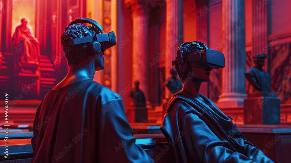 Naklejka premium Two people experiencing art through virtual reality headsets in a museum with dramatic lighting and classical statues.